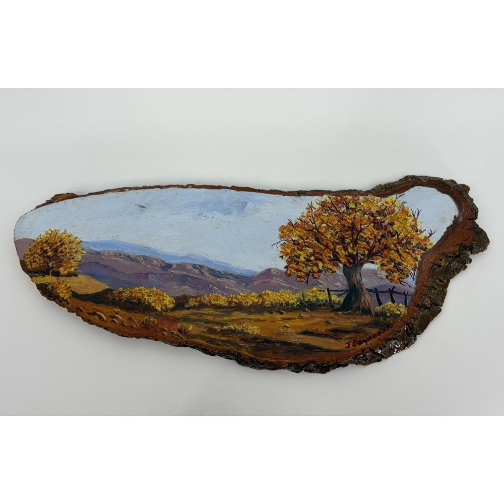 Vintage Wood Cut Slab Live Edge Hand Painted Autumn Fall Scene 18 Inches